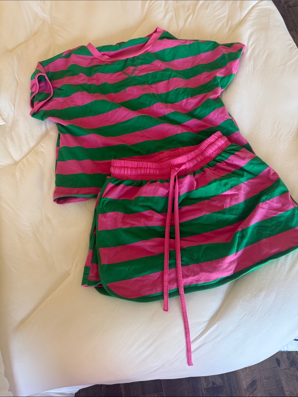 Women’s Pink and Green Striped matching shirt and Skort - Casual Athletic Style
